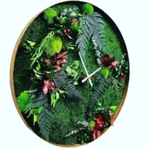 Runde Wanduhr mit Moos und Pflanzen im Dschungel-Design mit Holzrahmen