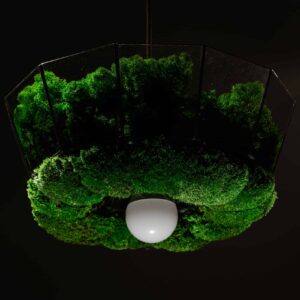 Závěsná lampa v provedení sobí mechu a kopečkovým mechem