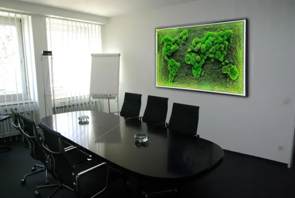 Mechový obraz mapa světa z plochý a kopečkový mech s podsvícením