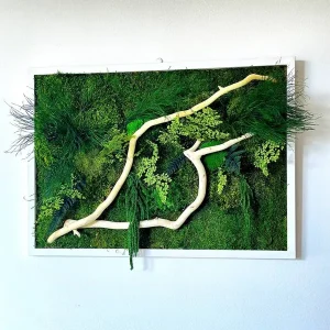 Mechový Obraz s Dřevem a Rostlinami