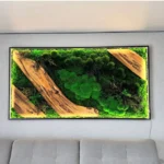 Mechový obraz s dřevěnými akcenty a rostlinami – moderní LED nástěnný obraz
