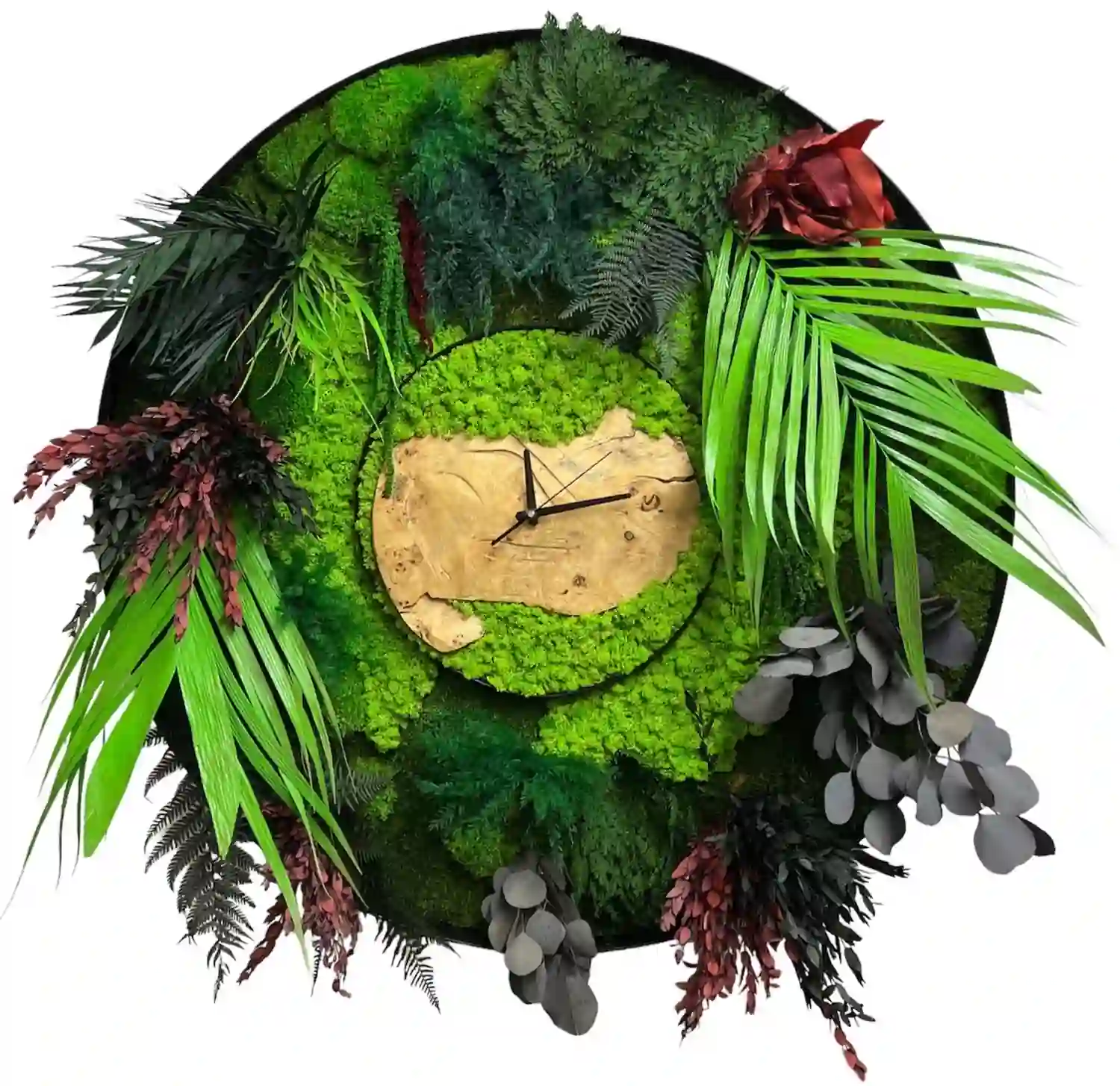 Runde Wanduhr mit Moos Massivholz und Pflanzen | Bilderuhr Runde Wanduhr mit Moos Massivholz und Pflanzen