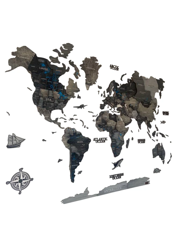 Moderne_3D_Weltkarte_aus_Holz_Black-_Grey_Edition_result 3D dřevěná mapa světa, Black & Grey Edition, vícevrstvý design s kompasem a lodí (150-200 cm).